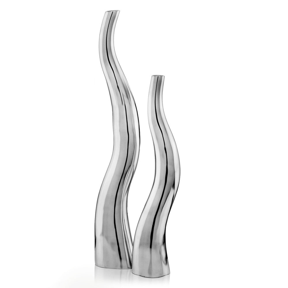 Set of Two Silver Aluminum Squiggly Vases