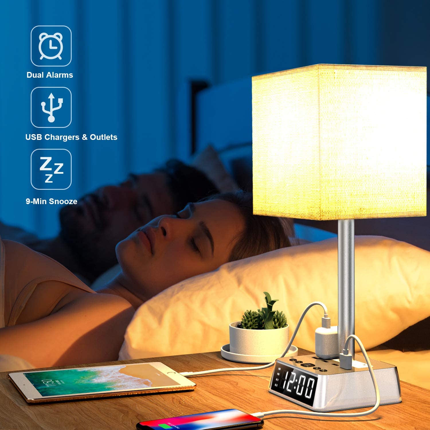 Table Lamp, 4 USB Ports, AC Power Outlets, Alarm Clock